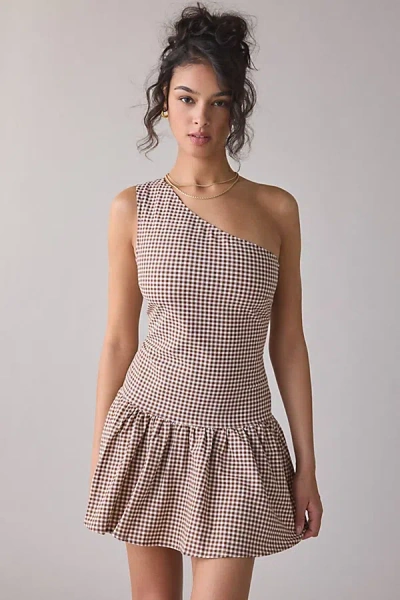 Motel Munasa One-shoulder Drop Waist Gingham Mini Dress In Brown, Women's At Urban Outfitters