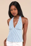 Motel Nandu Blue And White Striped Cotton Poplin Halter Top In Blue And White