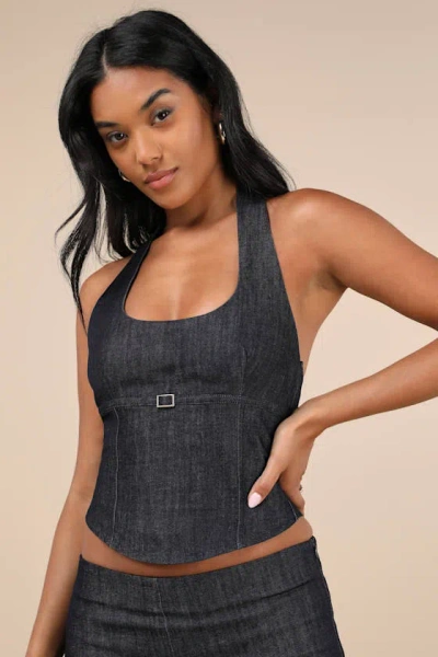 Motel Nasya Dark Blue Chambray Cropped Halter Top