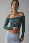 Motel Nauby Untamed Graphic Off-the-shoulder Long Sleeve Top In Green, Women's At Urban Outfitters In Green