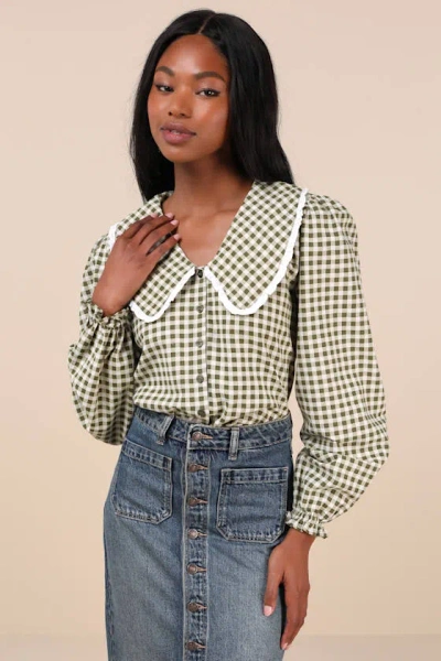 Motel Nelcy Green Gingham Oversized Collar Top