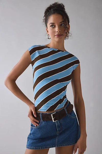 Motel Nova Retro Blue Stripe Jersey Knit Boatneck Crop Top In Retro Blue Stripe, Women's At Urban Outfitte