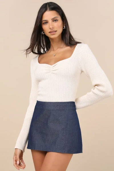 Motel Olsa Dark Wash Chambray Low Rise Mini Skirt In Blue