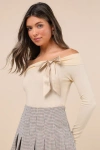 Motel Orianne Pale Yellow Off-the-shoulder Bow Sweater Top In Yellow