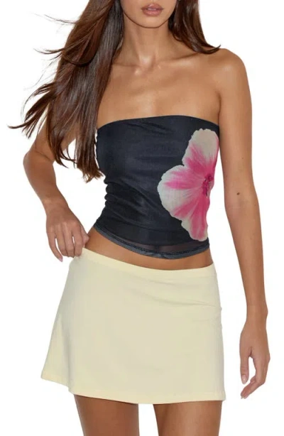 Motel Peggy Strapless Flower Mesh Top In Black