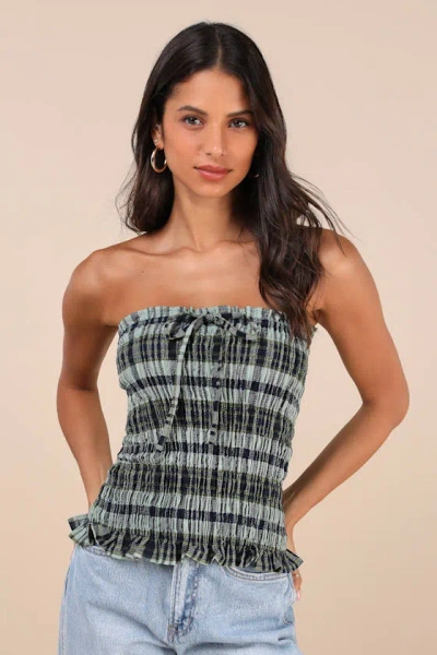 Motel Rigia Green And Blue Plaid Cotton Smocked Strapless Top