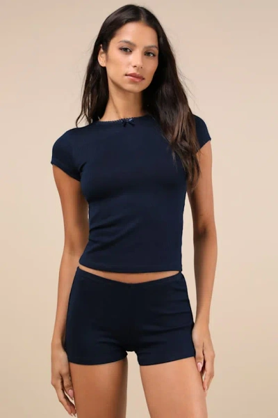 Motel Ritulia Navy Ribbed Low-rise Micro Shorts