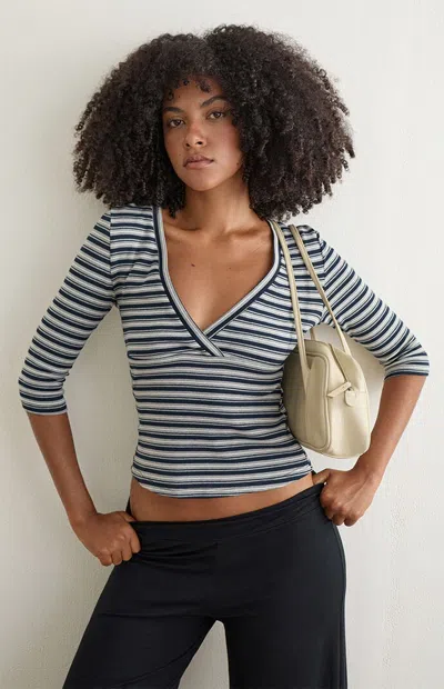 Motel Rocks Women's Silea Striped Quarter Sleeve Top In Blue