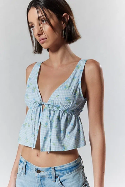 Motel Rolia Gingham Flyaway Babydoll Top In Blue, Women's At Urban Outfitters