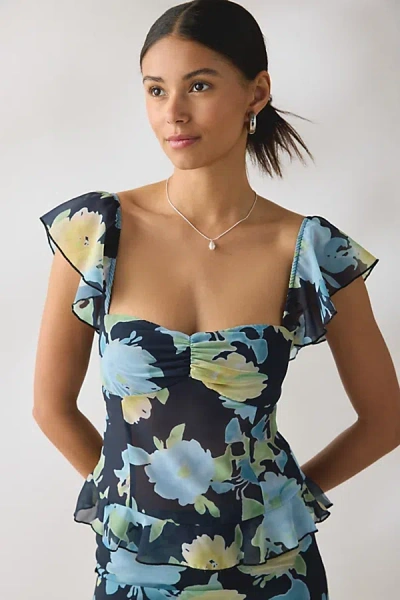 Motel Selita Floral Chiffon Flutter Sleeve Ruffle Top In Black, Women's At Urban Outfitters In Multi