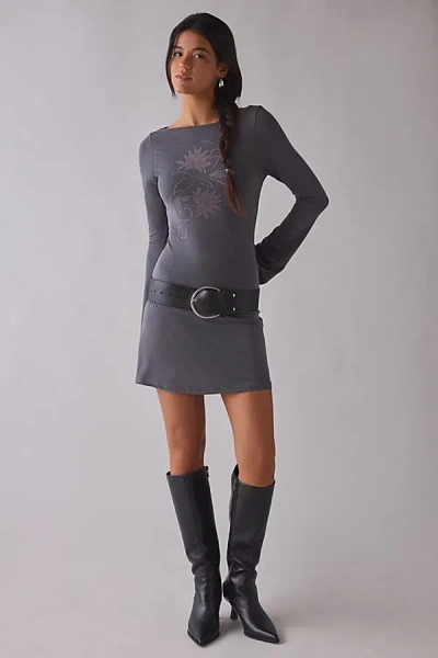 Motel Selvia Diamante Floral Long Sleeve Mini Dress In Grey, Women's At Urban Outfitters In Gray