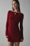 Motel Selvia Heart Flocked Mesh Bell Sleeve Mini Dress In Maroon, Women's At Urban Outfitters In Maroon