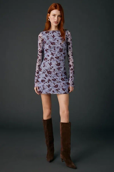 Motel Selvia Velvet Floral Flocked Check Mesh Mini Dress In Lavender Lotus Check, Women's At Urban Outfitt In Blue