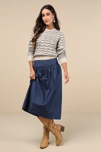 Motel Seraya Dark Blue Chambray Midi Skirt