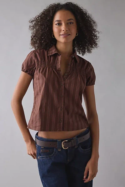 Motel Ulsan Brown Pinstripe Puff Sleeve Button-down Blouse In Brown, Women's At Urban Outfitters