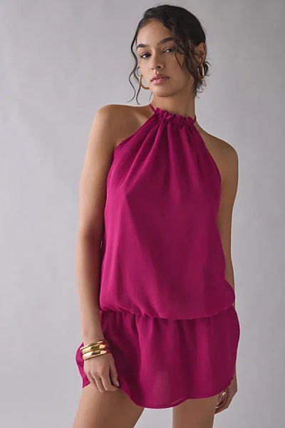 Motel Veloria Dark Rose Chiffon High-neck Halter Mini Dress In Dark Rose, Women's At Urban Outfitters In Pink