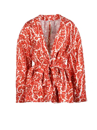 Motel White Linen-blend Patterned Blazer In Orange