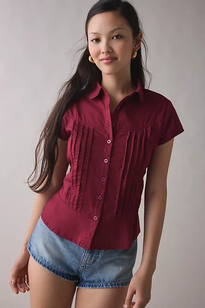 Motel Wilmot Cotton Poplin Pintuck Button-down Shirt In Red Berry, Women's At Urban Outfitters
