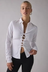Motel Wyn Split-front Corset Tie Long Sleeve Slim Shirt In White, Women's At Urban Outfitters In White