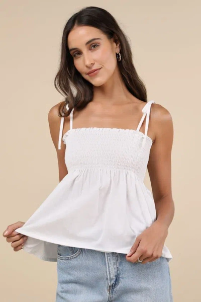 Motel Zerah White Cotton Poplin Smocked Tie-strap Peplum Top