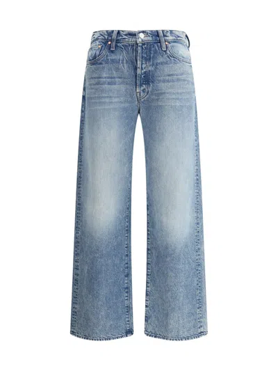 Mother Blue Wide Leg Jeans With Logo Patch In Cotton Denim Woman