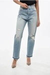 Mother Distressed The Ditcher Roller Sneak Jeans With Logo Button 1 In Blue