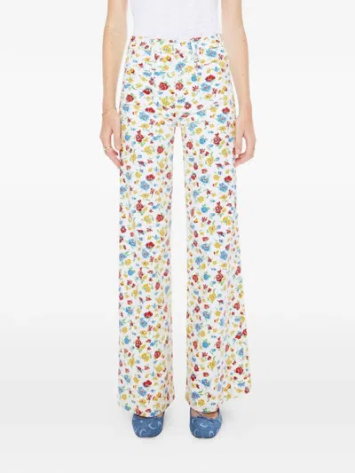 Mother Hustler Roller Patch Pocket Floral-print High-rise Bootcut Jeans In White