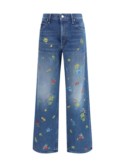 Mother Lil Rerun Zip Sneak High Rise Wide Leg Jeans In Field Of Flowers In Blue