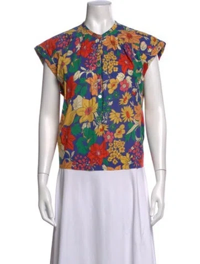 Pre-owned Mother Floral Print Short Sleeve Blouse In Blue