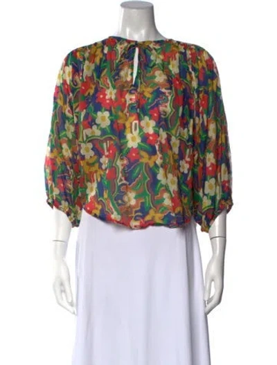 Pre-owned Mother Floral Print Tie Neck Blouse In Blue