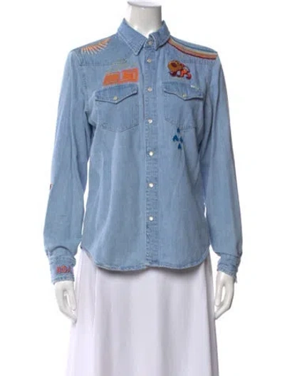 Pre-owned Mother Graphic Print Long Sleeve Button-up Top In Blue