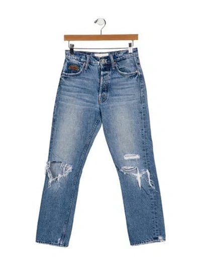 Pre-owned Mother High-rise Straight Leg Jeans In Blue