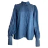Mother Of Pearl Buttoned Bishop Sleeve Shirt In Blue Cotton In Blue