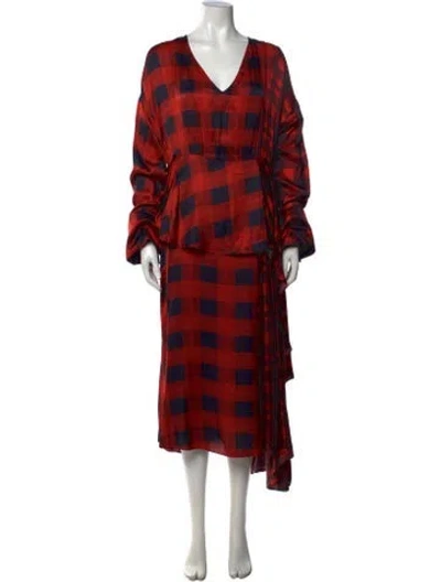Pre-owned Mother Of Pearl Plaid Print Midi Length Dress In Red