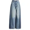 Mother Pipe Dream Button Sneak High Waist Fray Hem Wide Leg Jeans In Blue