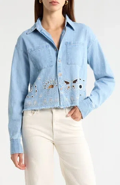 Mother Roomie Embroidered Fray Hem Crop Denim Shirt Jacket In Blue