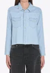 Mother The Super Exes Frayed Step Hem Crop Snap-up Denim Shirt In Blue