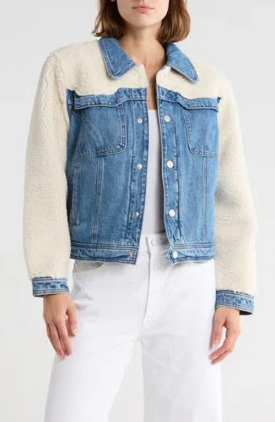 Mother The Backbend Fleece Trim Denim Trucker Jacket In Blue