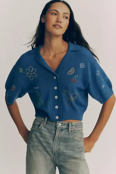 Mother The Boxy Raquette Short-sleeve Wool Cardigan In Blue