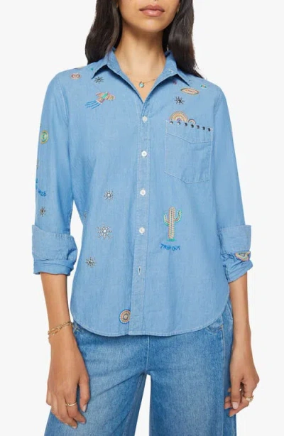 Mother Womens Hands Up The Foxy Boxy Embroidered Cotton Shirt In Blue