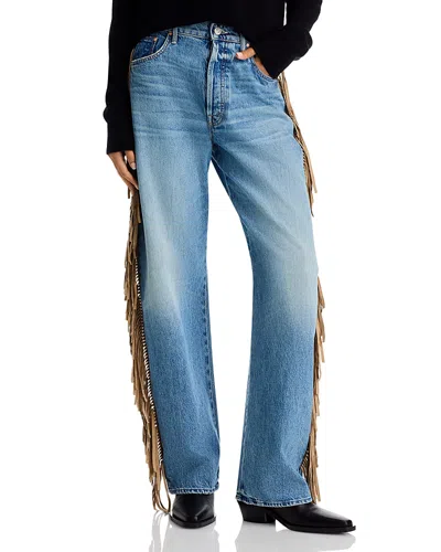 Mother The Fringe Halfpipe Button Sneak High Rise Jeans In Folk Star In Blue