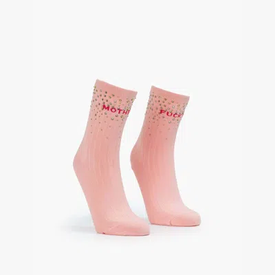 Mother The Half Step Pink With Crystals Mf Socks In White