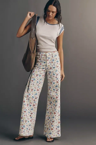 Mother Hustler Roller Patch Pocket Floral-print High-rise Bootcut Jeans In White