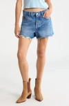 Mother The Main Course Frayed Denim Shorts In Blue