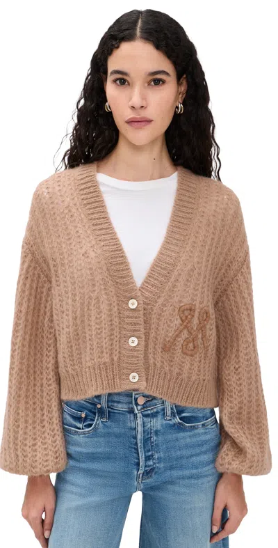 Mother The Puffy Sleeve Alpaca Varsity Cardigan Cotton Candy In Brown