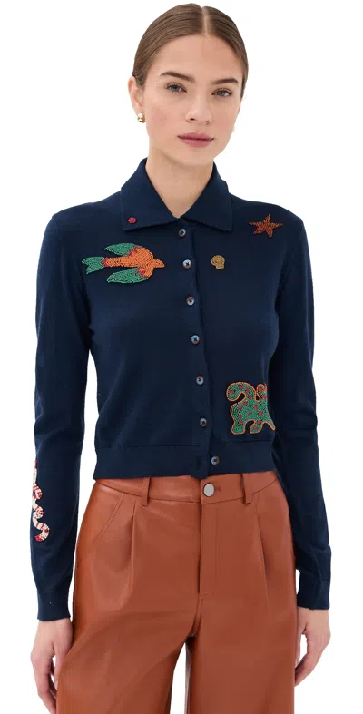Mother Womens Real Charmer The Racquet Beaded Wool Cardigan In Blue