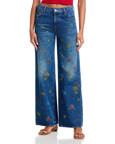 Mother Lil Rerun Zip Sneak High Rise Wide Leg Jeans In Field Of Flowers In Blue