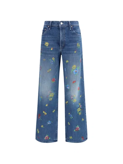 Mother Lil Rerun Zip Sneak High Rise Wide Leg Jeans In Field Of Flowers In Blue