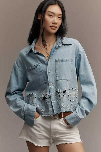 Mother The Roomie Double Frenchie Crop Fray Buttondown Shirt