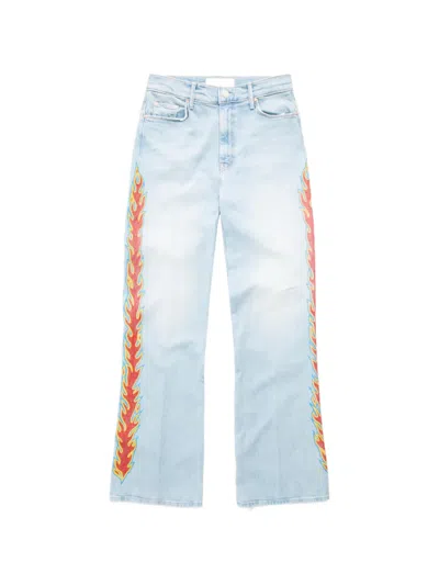 Mother The Saloon Sneak Flame-print Jeans In Blue